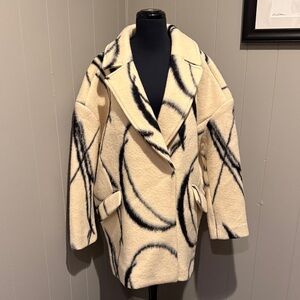 B23 Banana Republic Women XL Cream and Black Swirl Pea Coat Wool Winter Outdoor